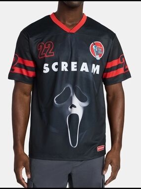 Scream Ghostface Graphic Soccer Jersey Horror Movie Fan Shirt New With Tags M/L